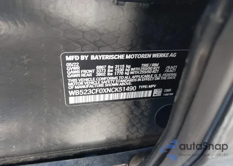 2022 BMW Ix xDrive50 z USA, uszkodzony, nr VIN WB523CF0XNCK51490